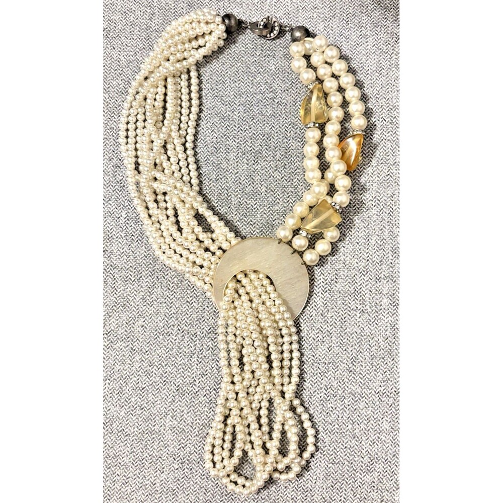 Vintage Runway Convertible Lariat Faux Pearl Lucite Necklace Interlocking C